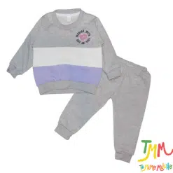 Conjunto buzo combinado gris, blanco y lila