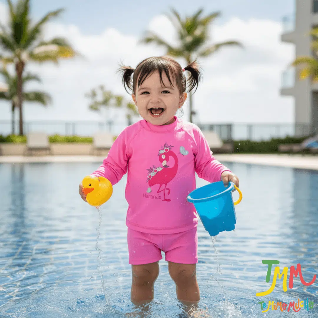 Conjunto malla proteccion uv flamenco NARANJO FUCSIA