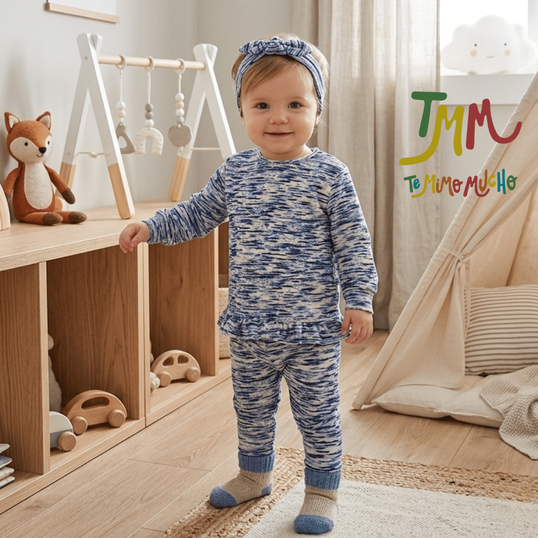 Conjunto de buzo y babucha lanilla CON VOLADOS azul jaspeado
