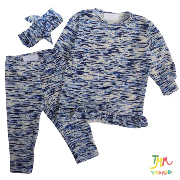 Conjunto de buzo y babucha lanilla  CON VOLADOS azul jaspeado