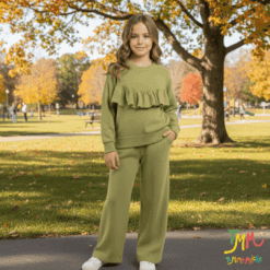 Conjunto tela lanilla frizado verde volado  nena