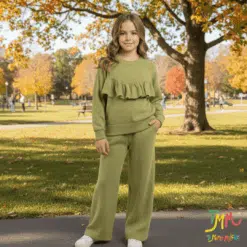 Conjunto tela lanilla frizado verde volado  nena