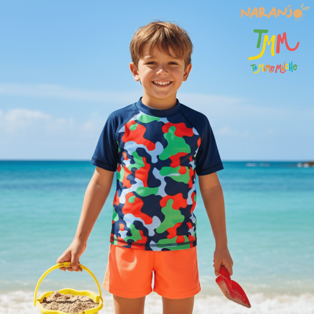 Conjunto UV 50+ Naranjo Niño Camuflado con Naranja