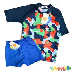 Conjunto UV 50+ Naranjo Niño Camuflado con Azul