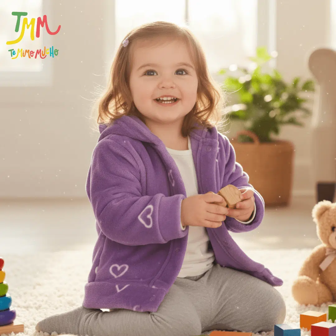 Campera plush con capucha corazon lila