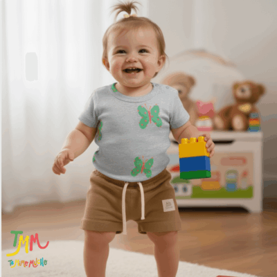 Conjunto Mariposa Remera Gris melange + short marron