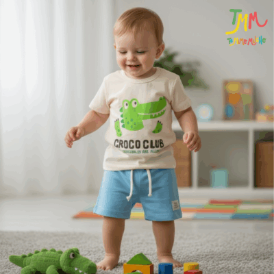 Conjunto Croco club  Remera crudo + short celeste