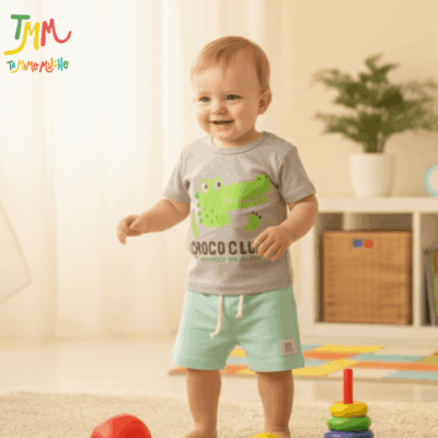 Conjunto Croco club  Remera gris  melange + short verde