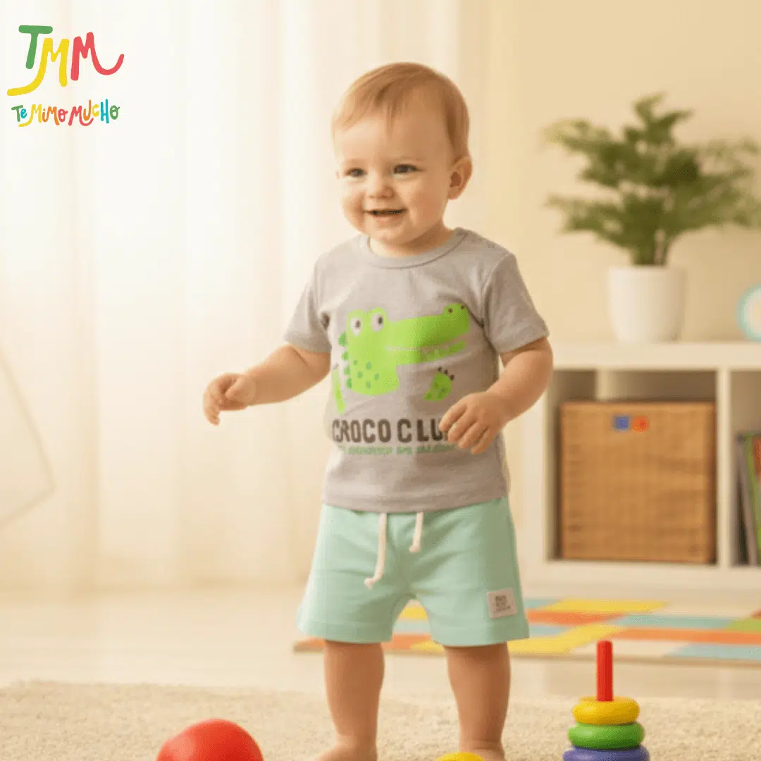 Conjunto Croco club  Remera gris  melange + short verde