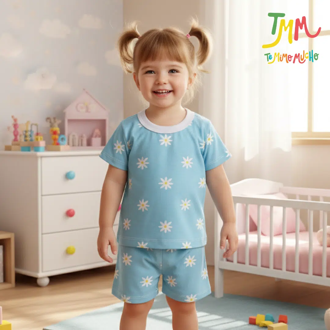 Conjunto Remera y Short Margaritas Celeste