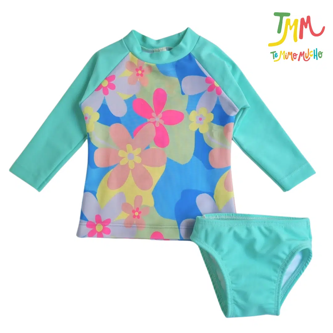 MALLA  REMERA + BOMBACHA  UV 50+  FLORES MANGAS VERDE BIG BAY - Image 2