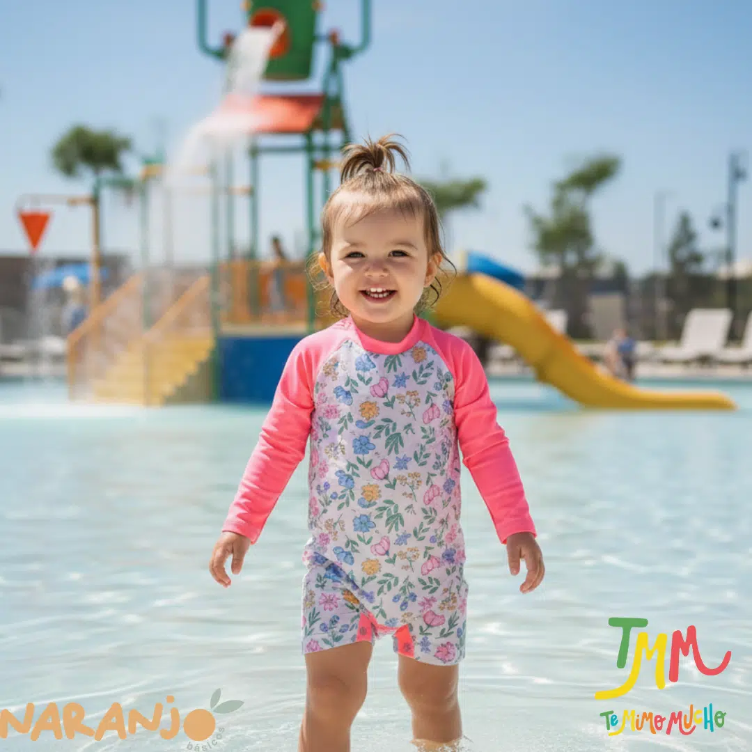 Enterito UV 50+ NARANJO FLORES Mangas Salmon