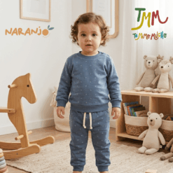 Conjunto Naranjo friza Azul y Celeste Florcitas