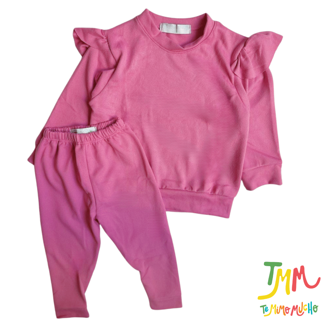 Conjunto de Buzo Volado y Babucha Rosa Lanilla