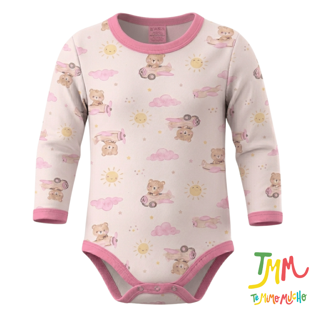 Body Manga Larga Osito Avion Rosa