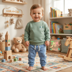 Conjunto Naranjo friza PINITO Buzo Verde- Pantaloncito Azul