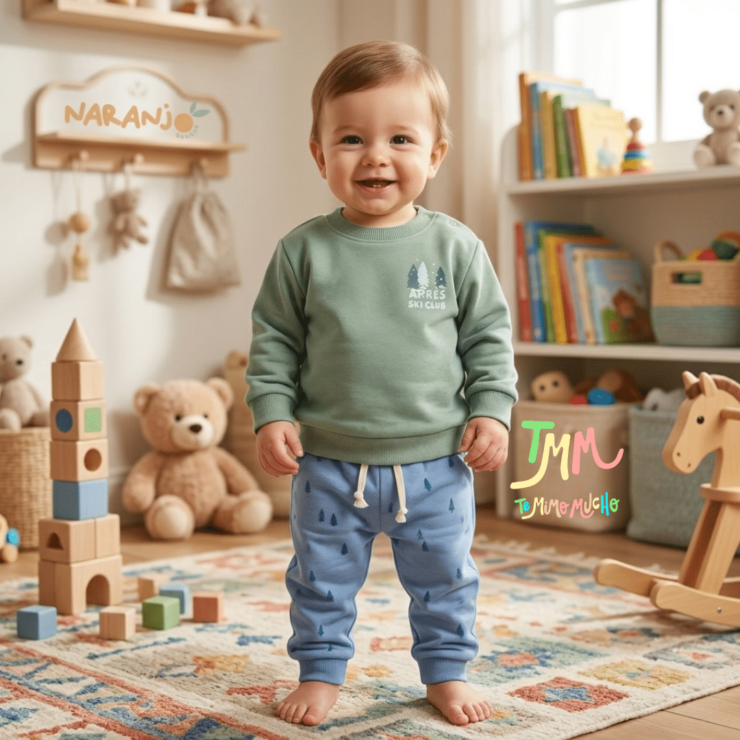 Conjunto Naranjo friza PINITO Buzo Verde- Pantaloncito Azul