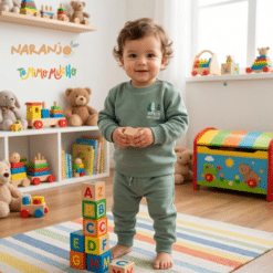 Conjunto Naranjo friza PINITO Buzo Verde- Pantaloncito Verde liso
