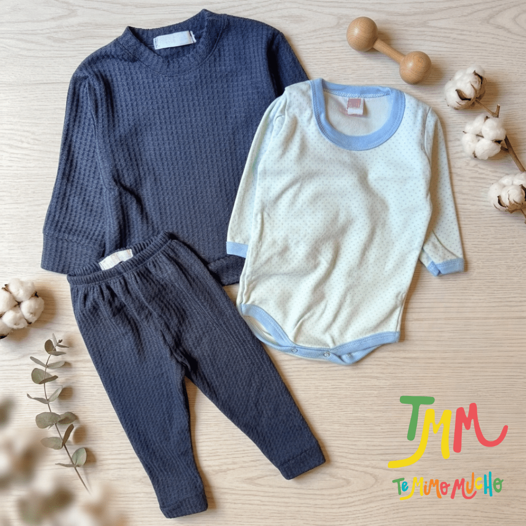 Conjunto de Buzo y Babucha Lanilla waffle Azul + Body lunares