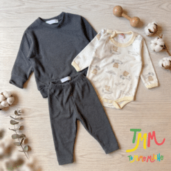 Conjunto de Buzo y Babucha Lanilla Gris + Body Ositos avion