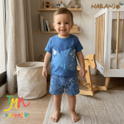 Conjunto Dino  Remera + short Azul Naranjo