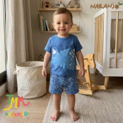 Conjunto Dino  Remera + short Azul Naranjo