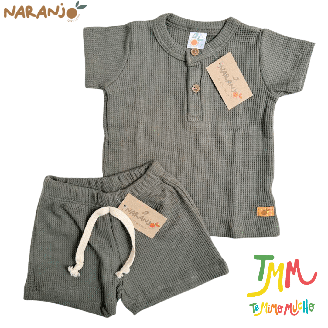 Conjunto Wafle Remera + short Verde Naranjo - Imagen 2