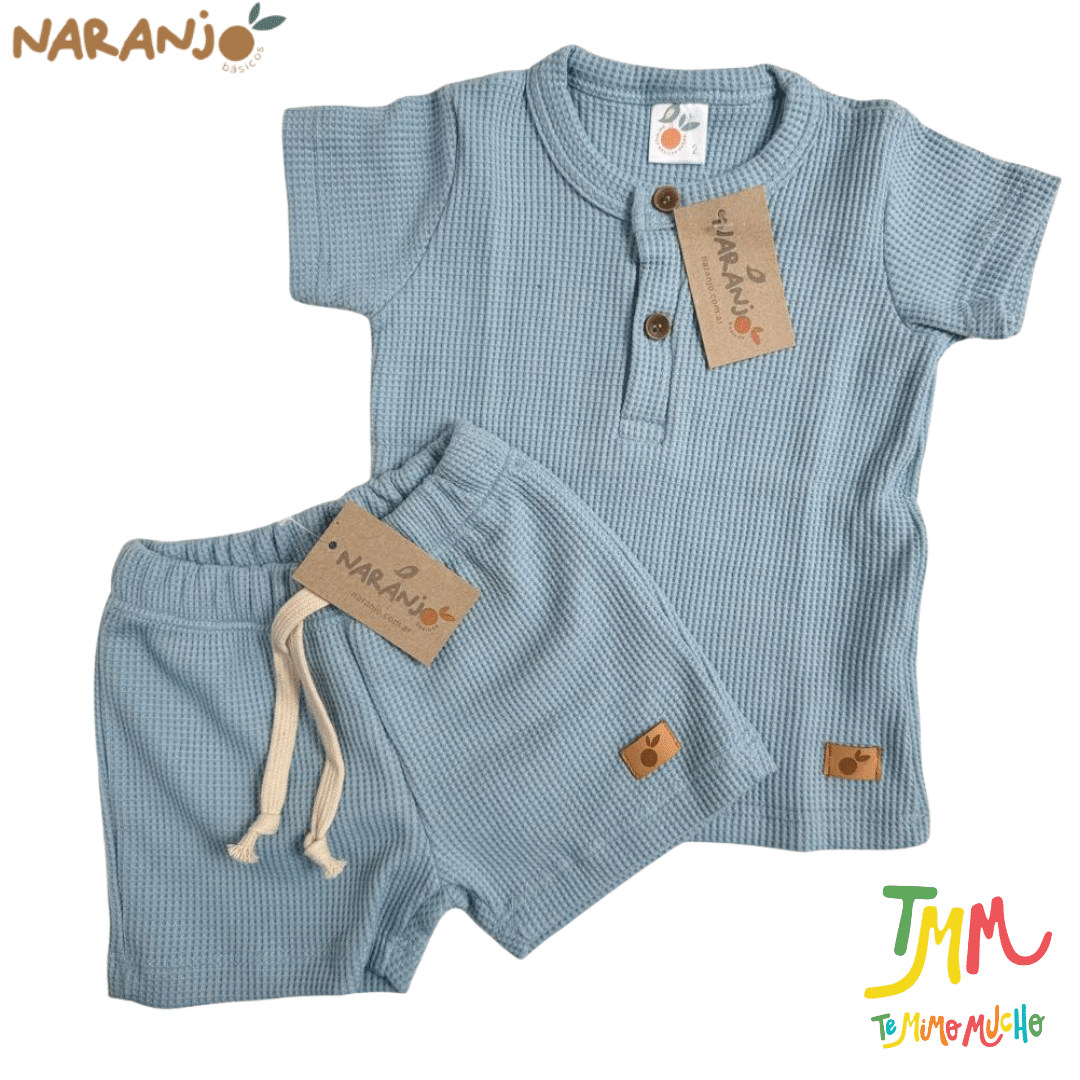 Conjunto Wafle Remera + short Celeste Naranjo - Imagen 2