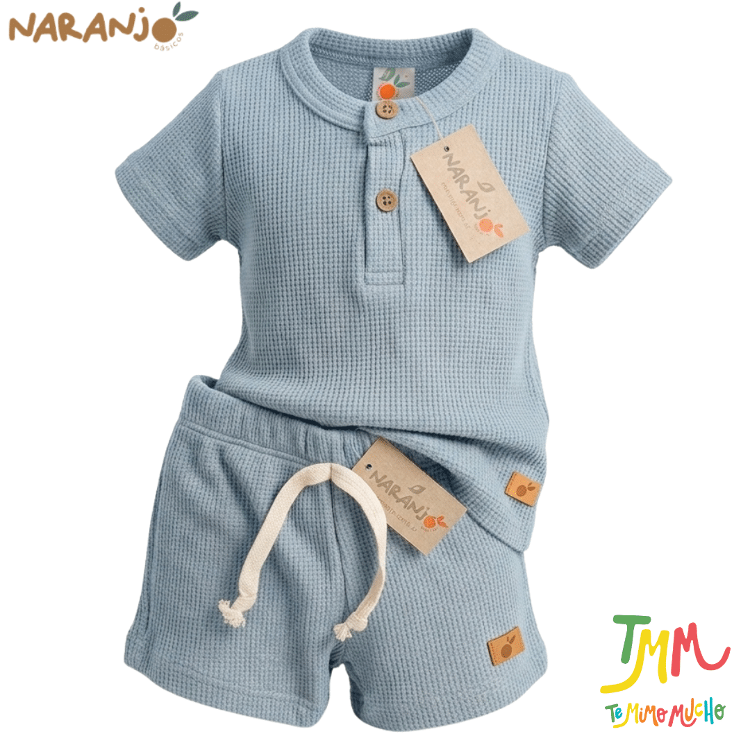 Conjunto Wafle Remera + short Celeste Naranjo