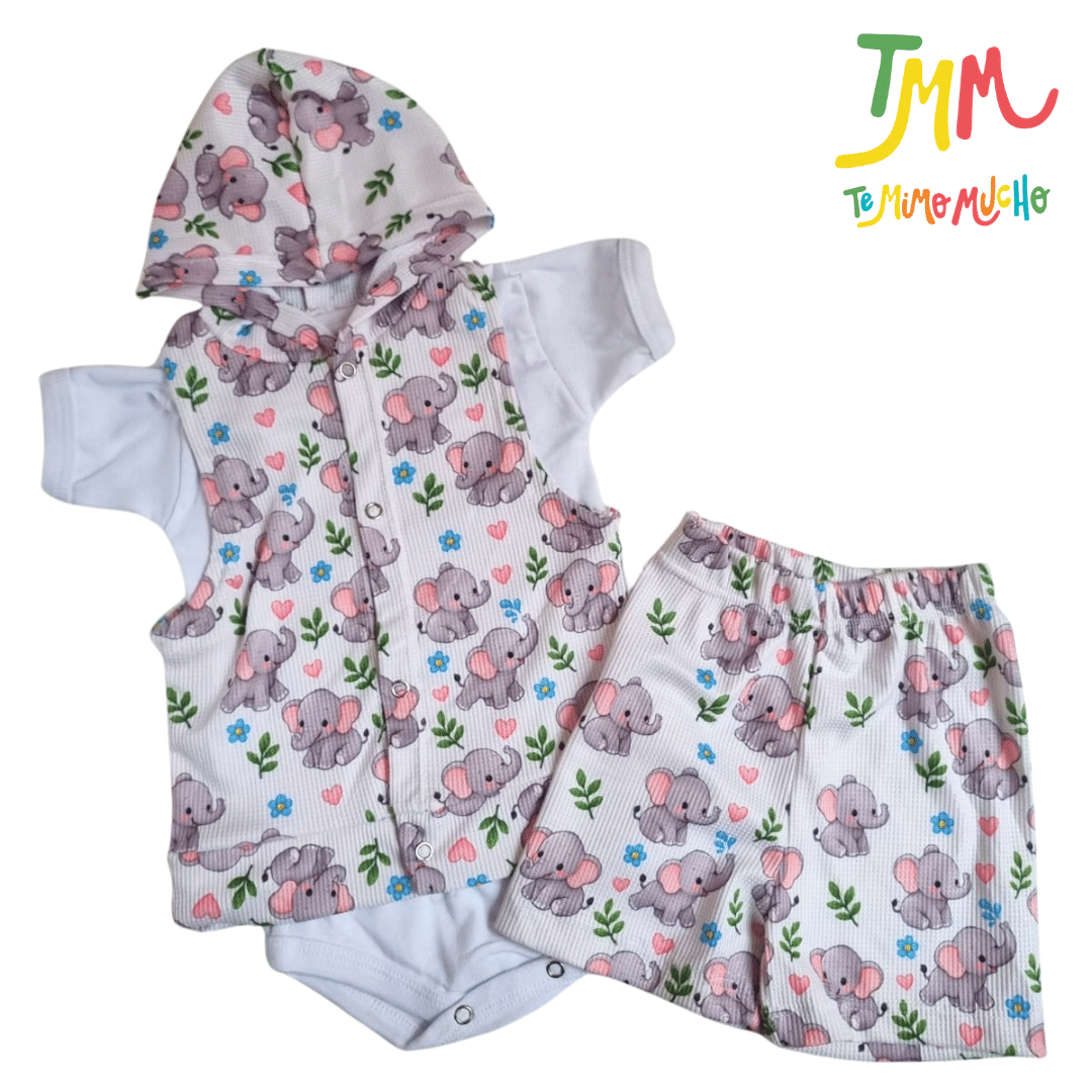 Conjunto Elefantes Crudo - Chaleco, Body y Short