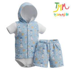 Conjunto Patos playa Celeste - Chaleco, Body y Short