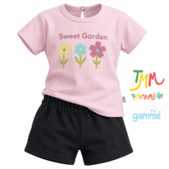 Conjunto remera y short flores, negro y rosa Gamise