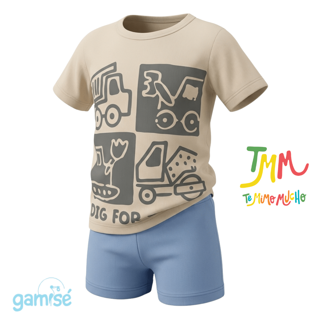 Conjunto remera y short flores, Beige y Azul Gamise
