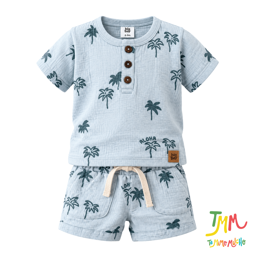 Conjunto remera y short Palmera Celeste Bambula - Big Bay